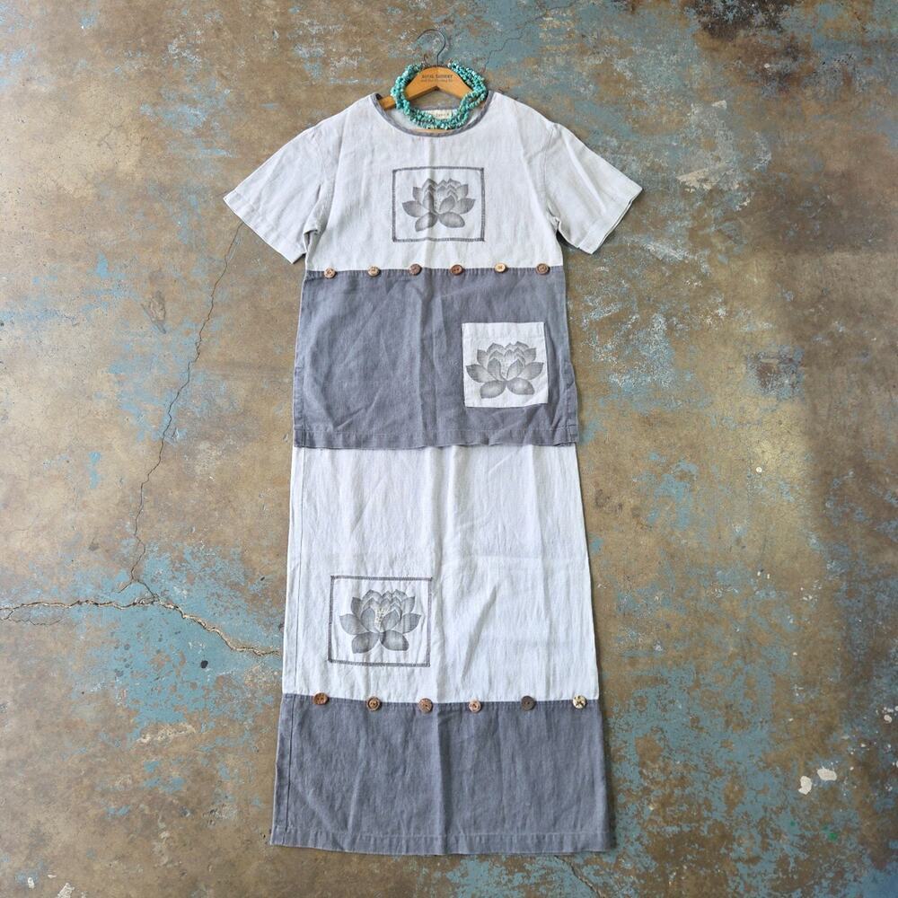 Vintage 90s Linen Top Skirt Set Size S Gray Lagenlook Short Sleeve Art to Wear